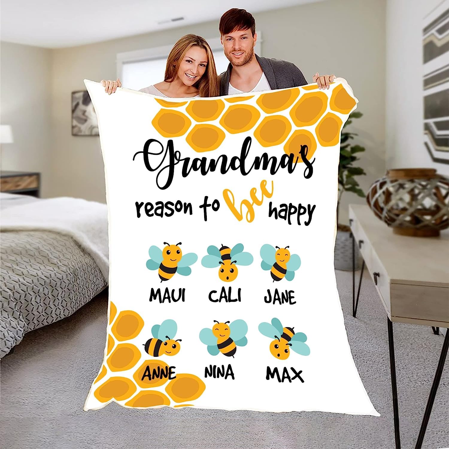 Coperta con nome personalizzato per nonna, coperta personalizzata con nome di Nana's Bees, coperta per bambini, regalo per Mimi Gigi Nonna Coperta in morbido pile personalizzata Coperta in pile con