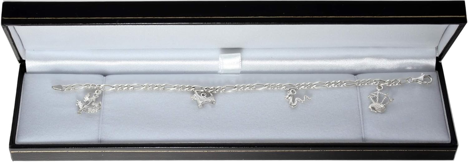 Alexander Castle 925 Sterling Silver Scottish Charm Bracelet with Thistle, Bagpipes, Nessie, & Scotty Dog - Scottish Gift for Women with Jewelry Gift Box