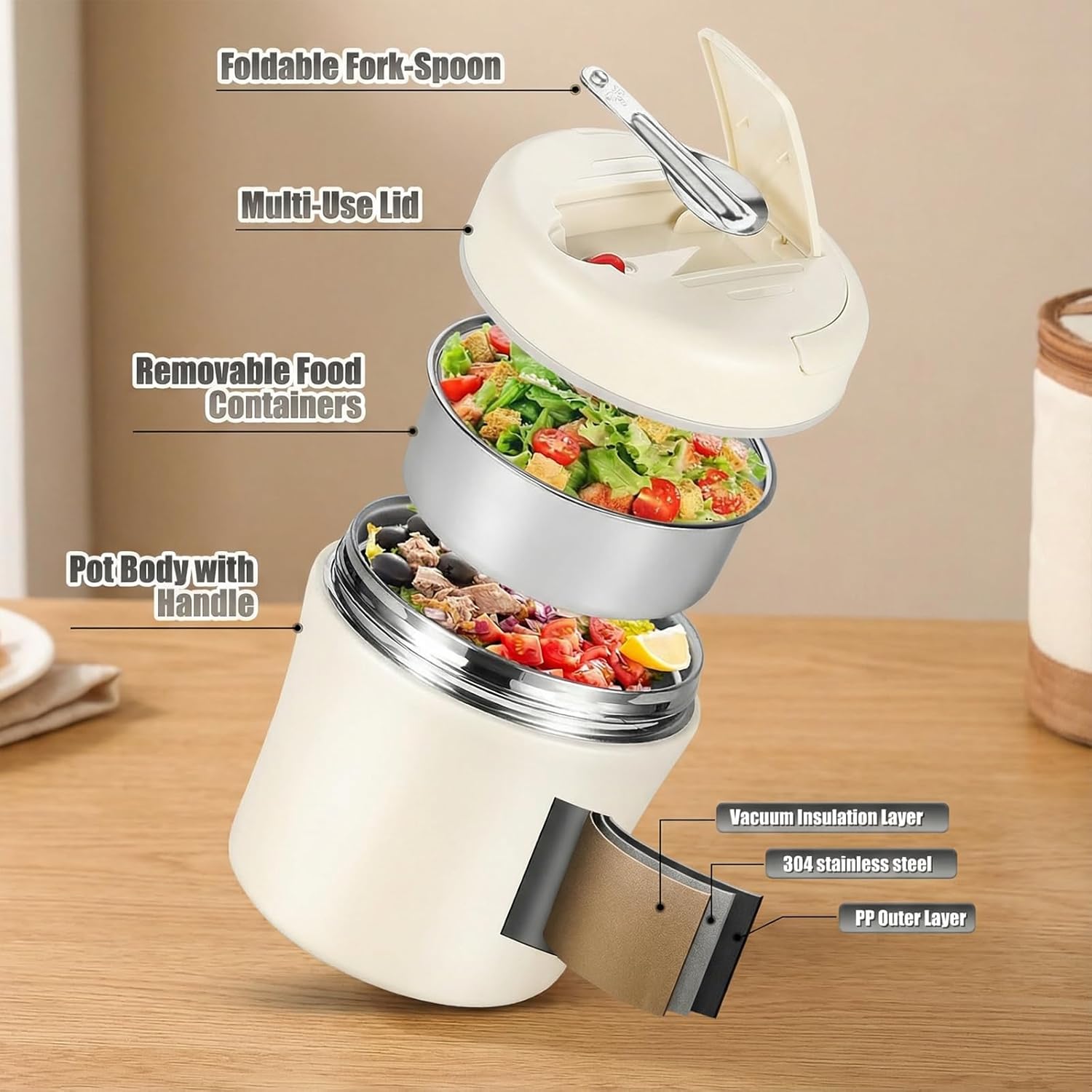 40 OZ Leakproof Wide Mouth Stainless Steel Vacuum Insulated Food Jar, Hot Food Container,304 Stainless Steel Soup Container with Portable Handle - Send Goods from Local Warehouse