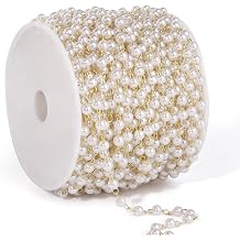 33FT 4mm Gold Pearl Beads Chains Roll Bulk for Jewelry Making DIY Craft | Gold Plated Brass Faux Pearls Beaded Cable Link Chains Spool for Necklace Bracelet