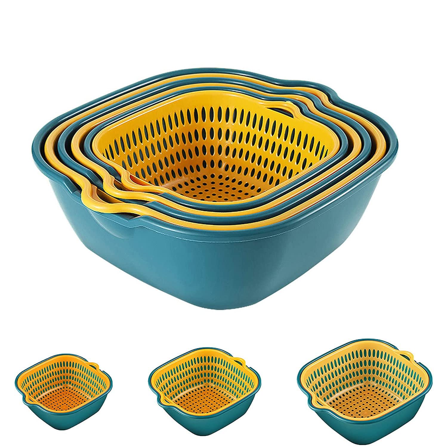 Sagreeny Kitchen Colander Strainer Set, Colander Plastic Set, Portable Food Strainer, 3set 2 in 1 Drain Basin and Basket for Washing and Draining Fruit, Vegetables, Bowls and More