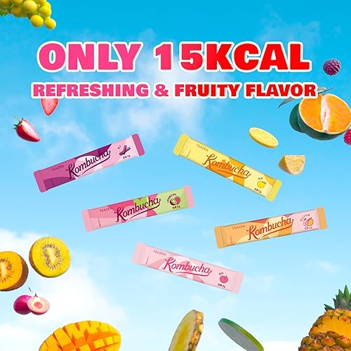 Miniatura 6 de TEAZEN Kombucha Tea Sunset Bliss - Paquete variado de hidratación  20 varillas, 5 sabores (melocotón, mango-guayaba, fresa-kiwi, cítrico, vino