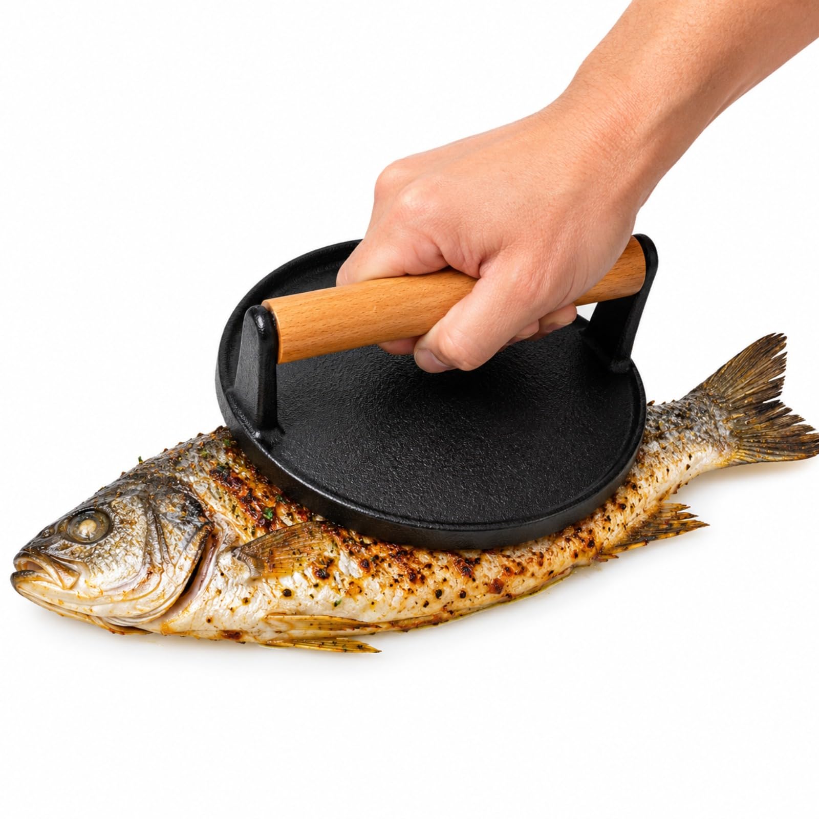 yiokeo Cooking Weight Press for Fish with Wood Handle, Even heat Non-Stick Heavy-Duty Fish Press for Frying, Grilling & Pan Cooking, Griddle and BBQ (18 * 18cm)