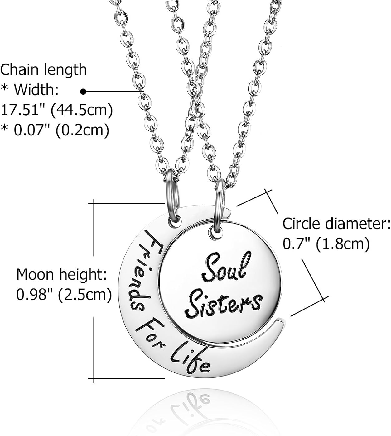 JewelryWe 2PCS Friendship Necklaces Best Friends/Couples Necklace Friends for Like/Soul Sisters Engraving Stainless Steel Moon Round Pendant Chain,Silver - Image 3