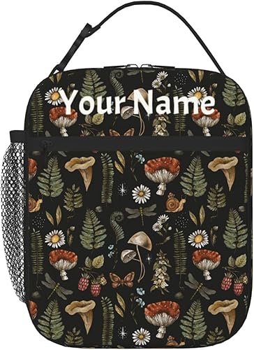Bolsa de almuerzo personalizada con nombre de hongos mágicos vintage, caja aislada personalizada, contenedor de alimentos personalizado, bolsillo