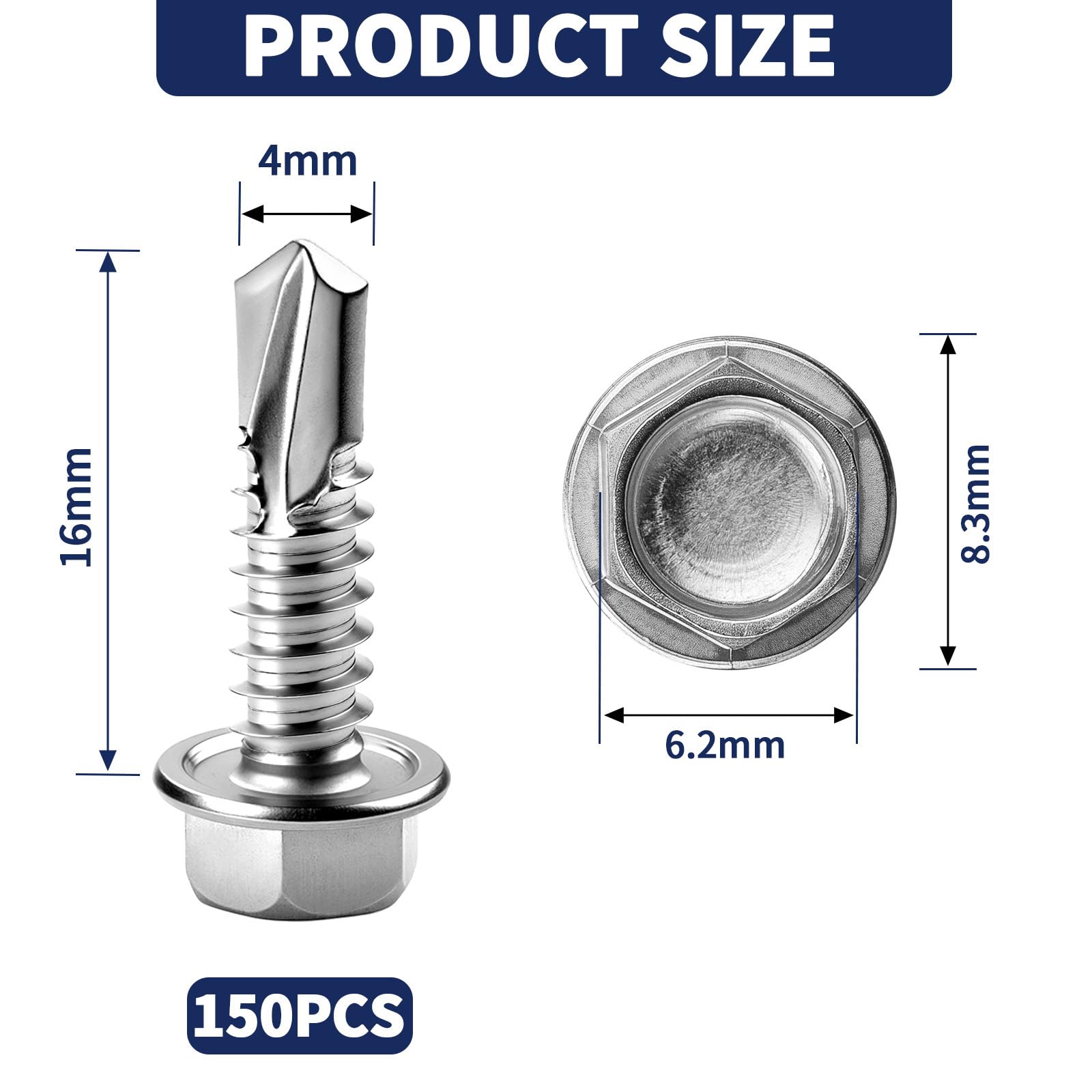 150 PCS Self Tapping Screws Metal M4.2x16MM Hex Head Self Drilling Screws 410 Stainless Steel Tech Screws for Metal Self Tapping Bolts for Metal Sheets Ventilation Pipes Corrugated Roofing Windows - Image 2