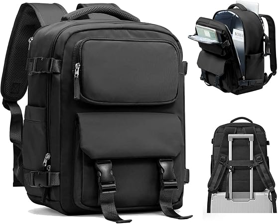 Large Black Travel Backpack for Women Men, Carry On Backpack with USB Charging Port & Shoe Pouch, TSA 15.6inch, Flight Approved, College Nurse Bag Casual Laptop Daypack for Weekender Business Hiking