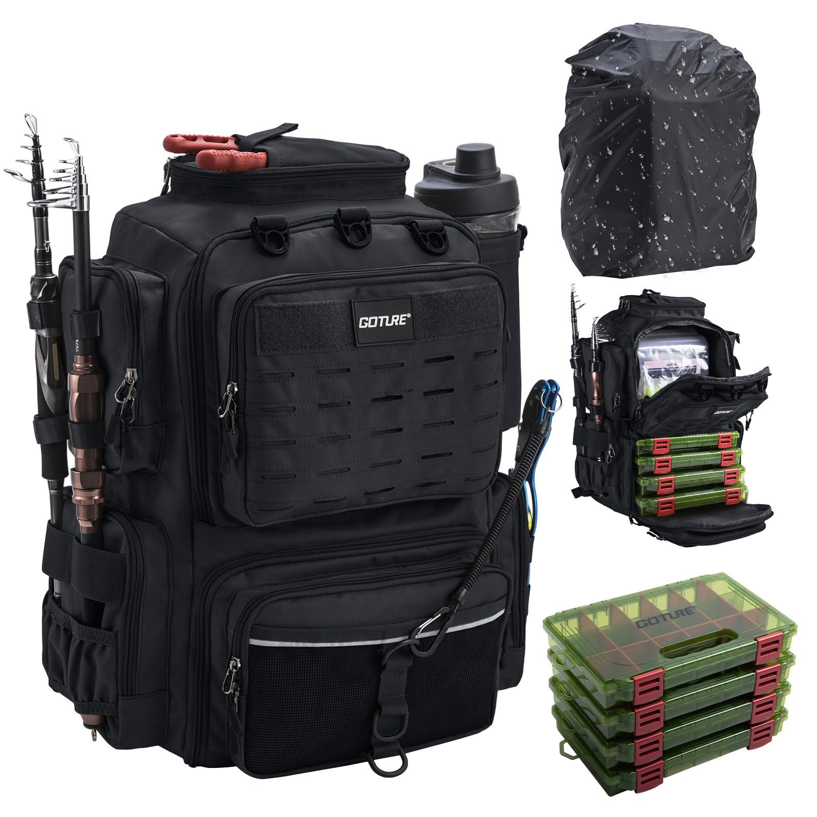 Goture Mochila de pesca con dos soportes para cañas de pescar y protector de lluvia, bolsa impermeable para aparejos de pesca con compartimento ajustable y 8 bolsillos para cebo, mochila de 45 litros