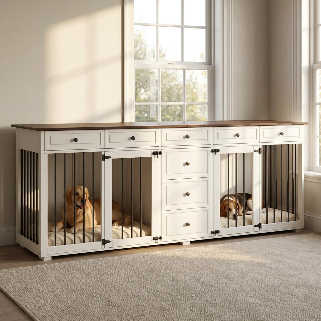 Möbel Hundekäfig TV-Schrank, Doppel-Hundebox mit 8 Schubladen 200x60x85cm