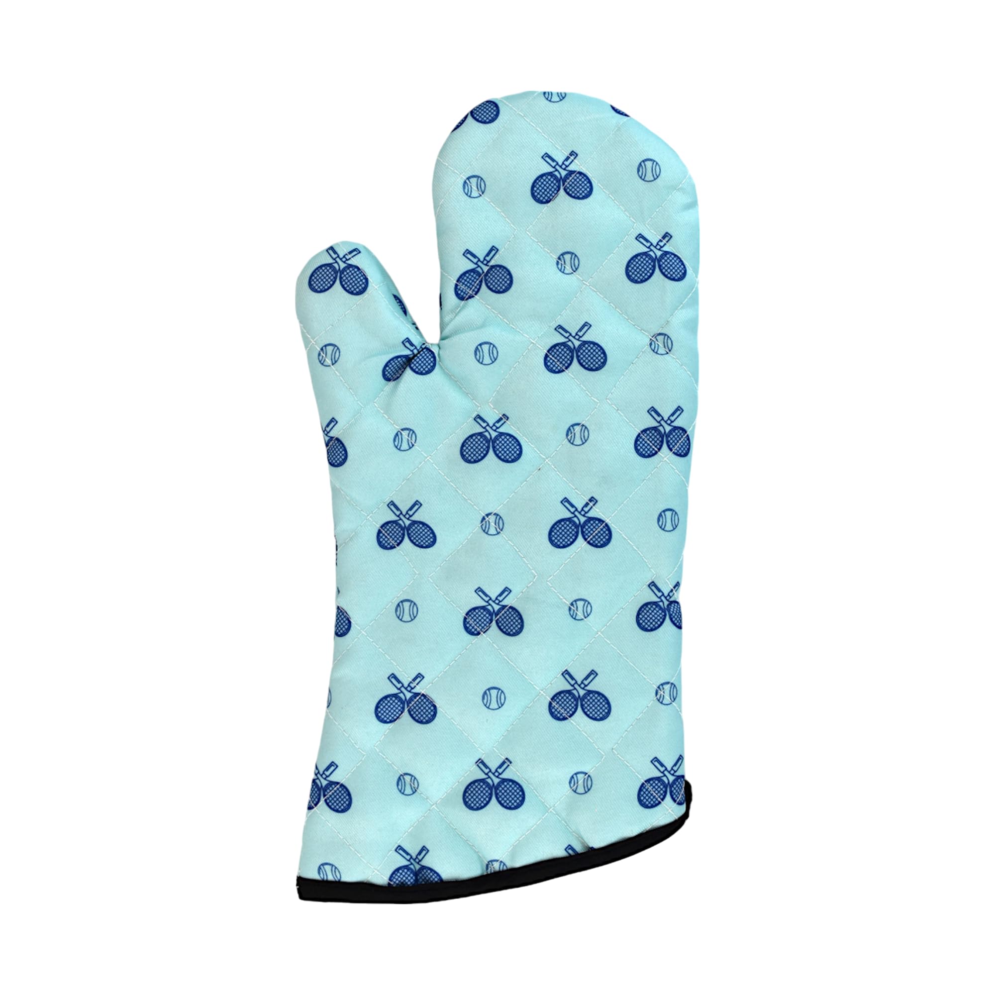 Tennis Oven Mitt, Heat-Resistant Quilted Glove for Baking, Cooking, and Grilling, Non-Slip Grip, Machine Washable, Soft Interior, Clear Skies Blue with Tennis-Themed Print