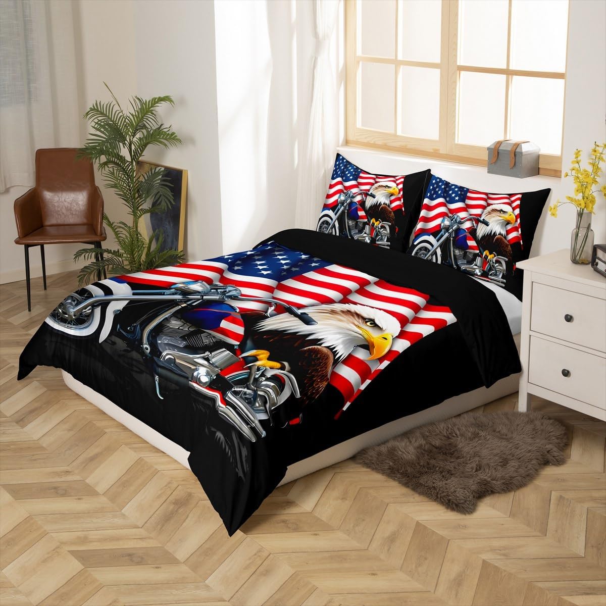 American Flag Duvet Cover Twin,Dirt Bike Motorcycle Bedding Set 2pcs for Kids Teens Adult Room Decor, Eagle Animal Comforter Cover Black Solemn Quilt Cover with 1 Pillowcase image 5