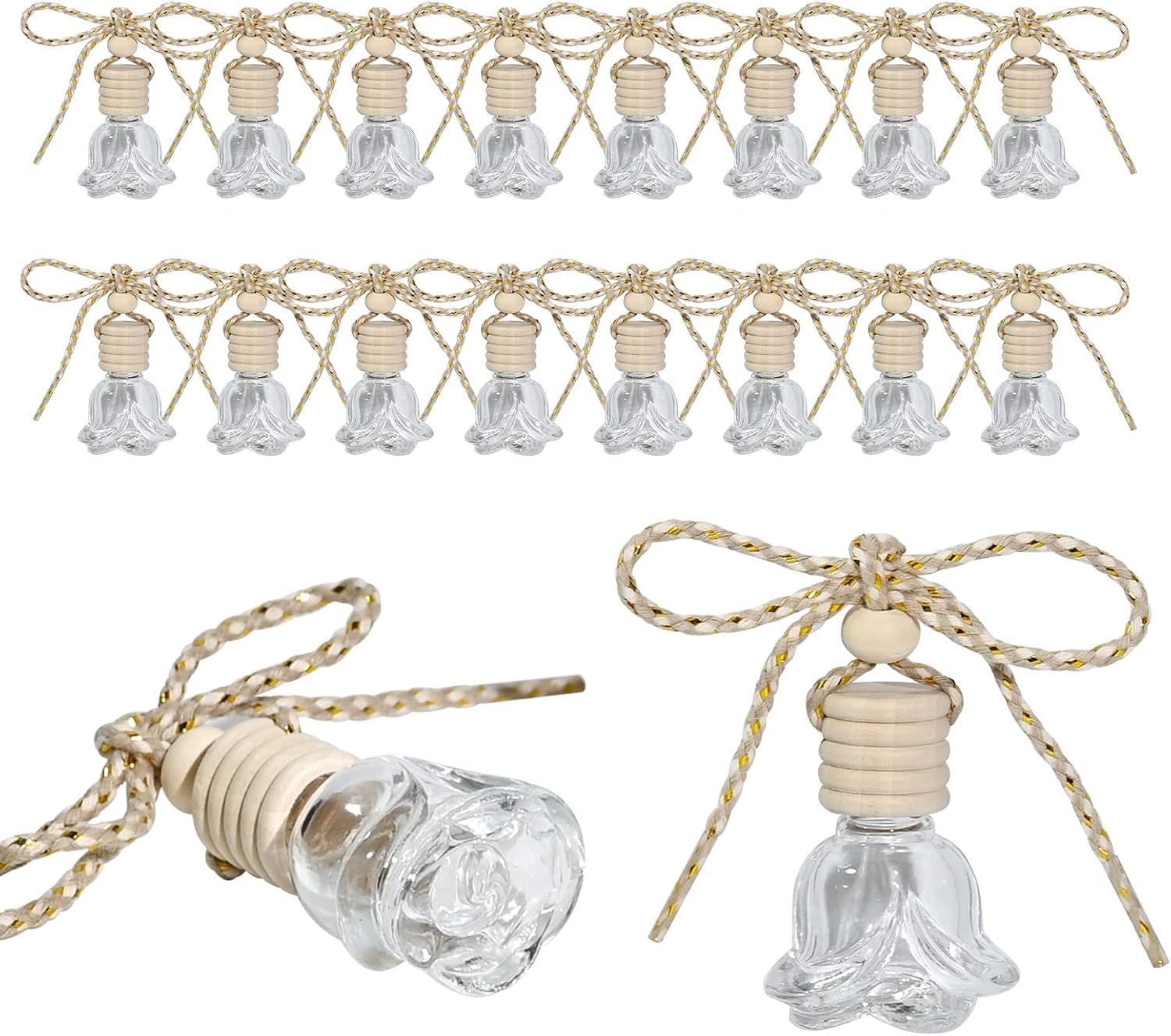 20pcs 6ml Car Hanging Diffuser Bottle Pendant Empty Bottle, Perfume Essential Oils Diffuser Bottles, Air Fresher Ornament Vials for car, with Wooden Caps & Hanging String, Rose Shape