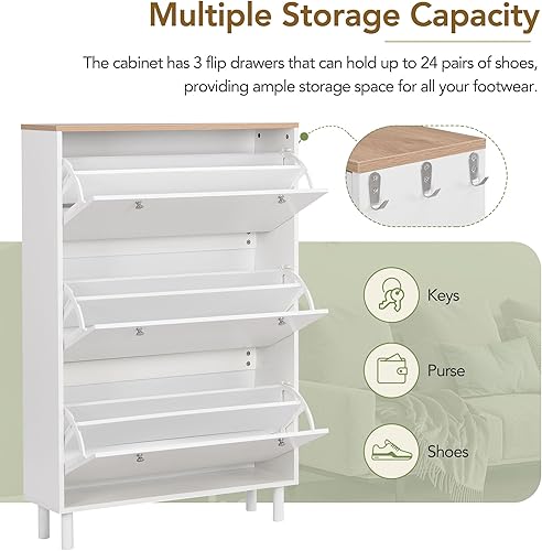 Miniatura 8 de Zapatero contemporáneo con 3 puertas abatibles, zapatero de madera independiente, organizador de almacenamiento de zapatos para entrada, pasillo,