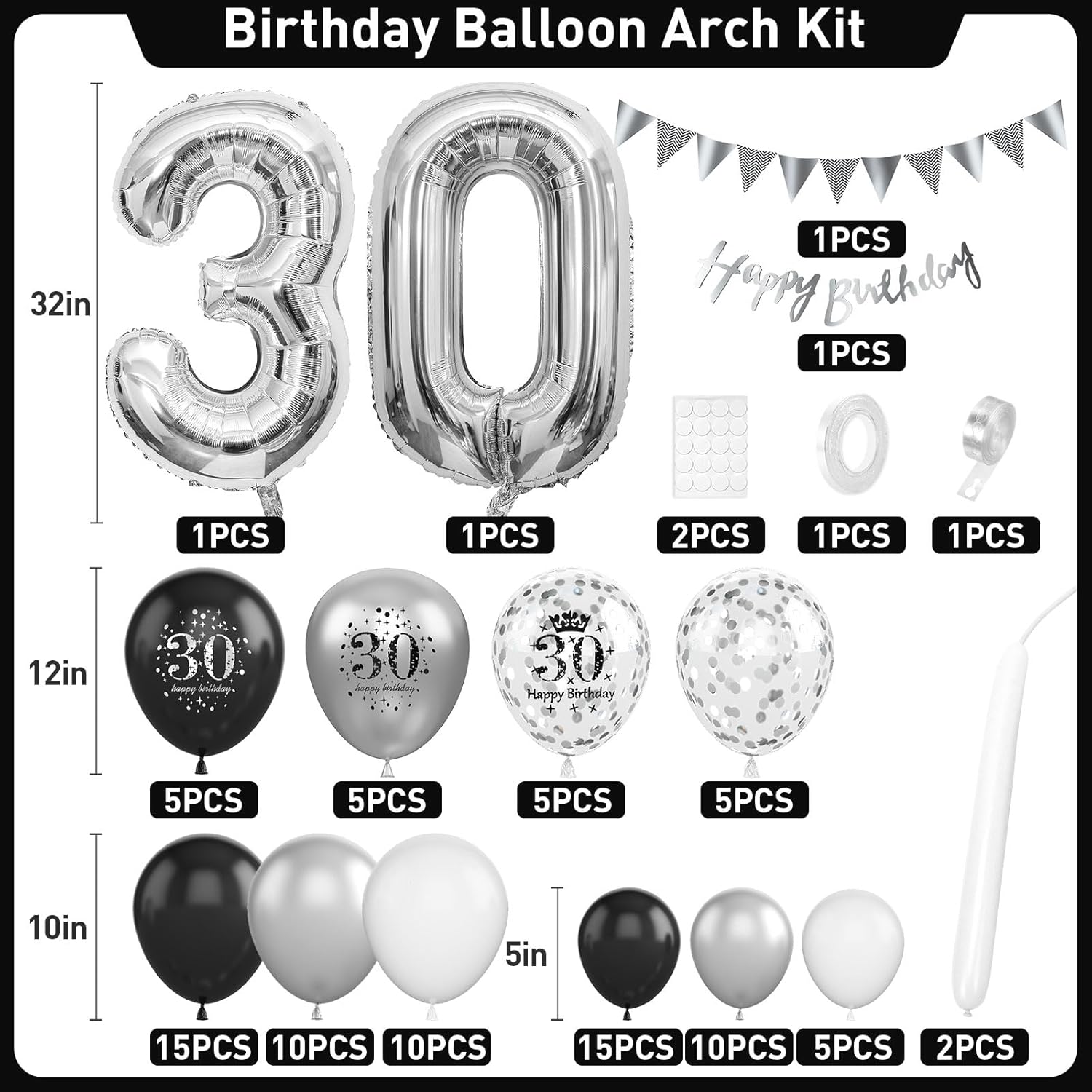30th Birthday Decorations Black Silver,30th Balloon Garland with Number 30 Foil balloons,Happy Birthday Banner for Men Women 18 Birthday Party Decorations