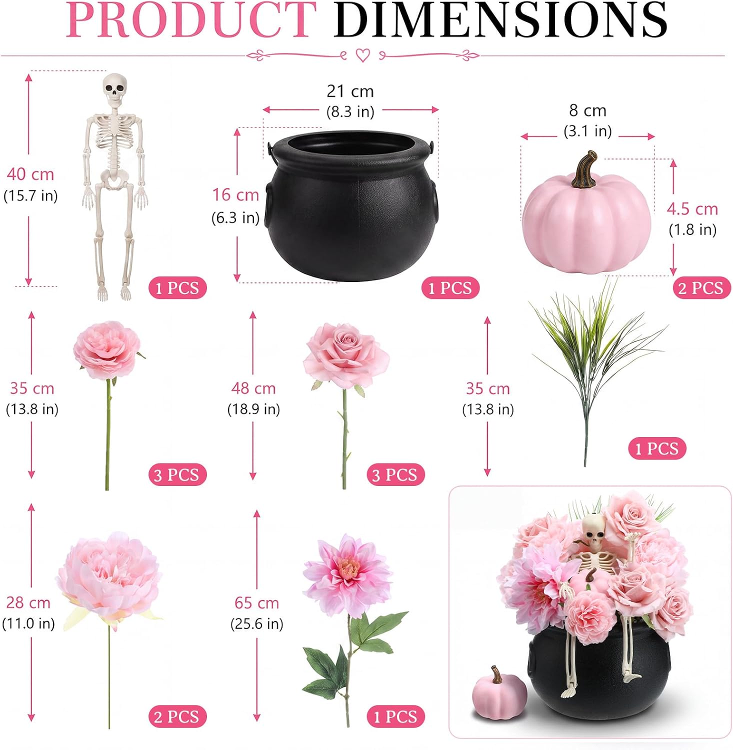 Novabright Pink Halloween Decor, Skeleton Witch Bucket Pumpkin Floral