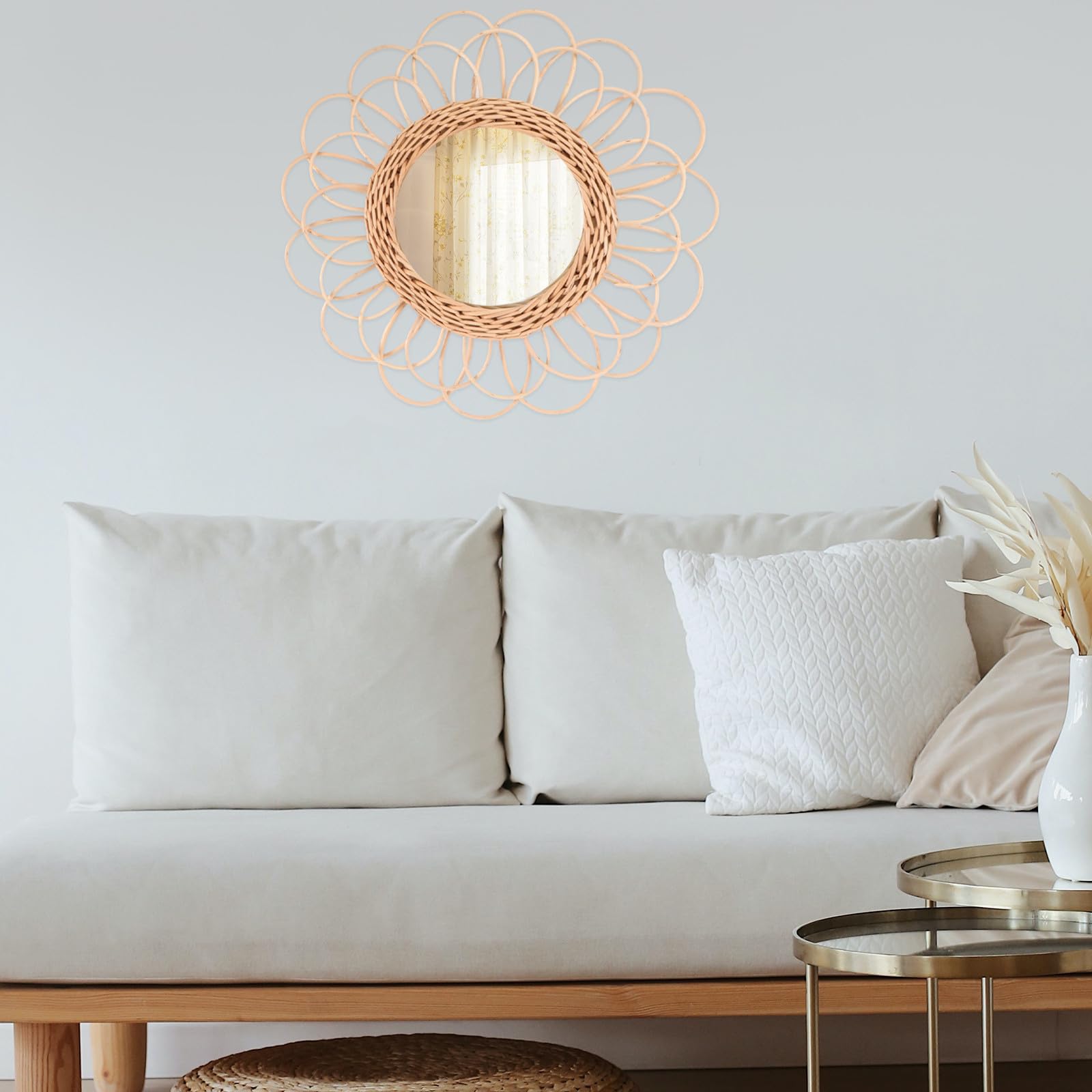 SHINEOFI Specchio da Parete Intrecciato in Legno Khaki Rotondo, Pratico e Minimalista, per Camera da Letto e Soggiorno