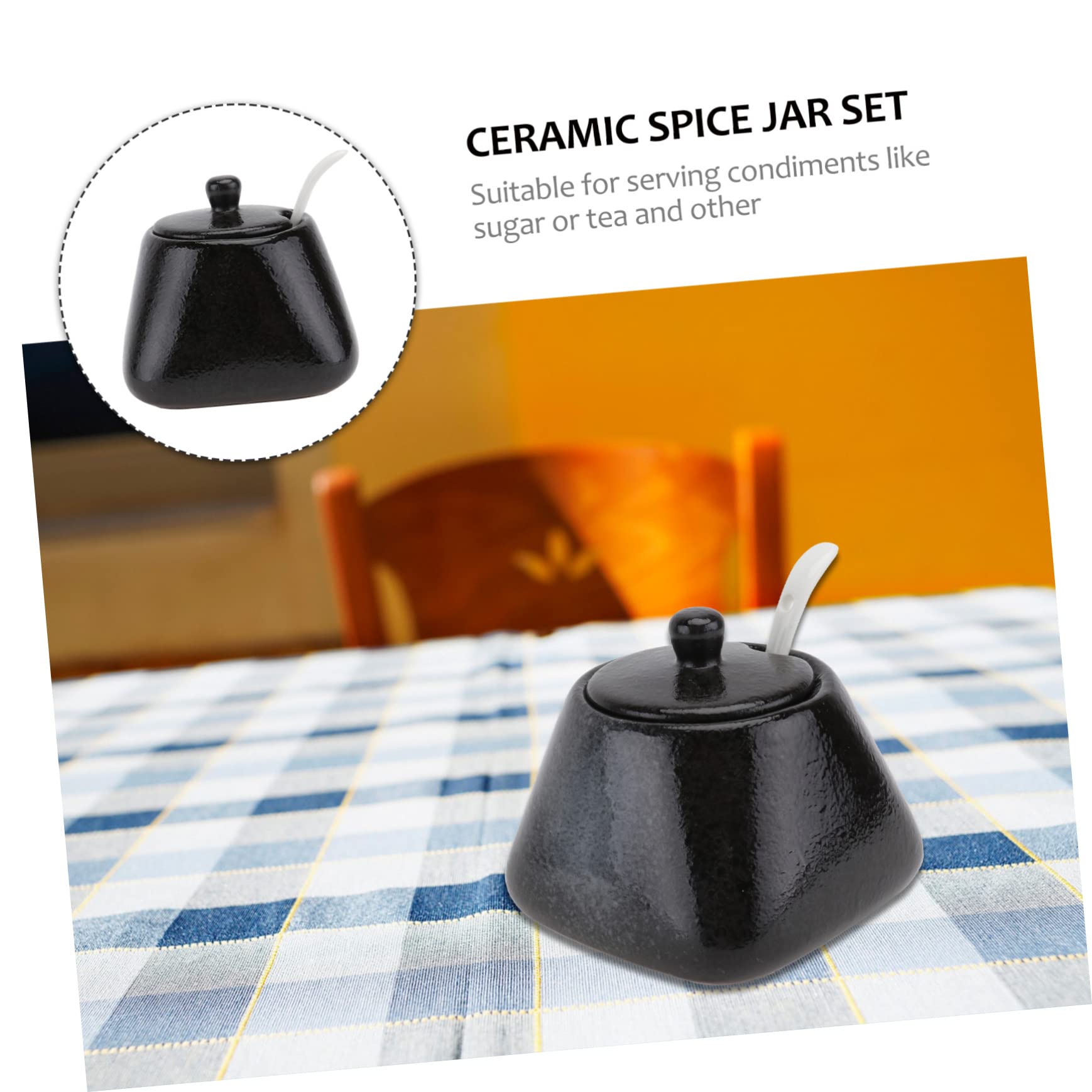 VALICLUD Simple Ceramic Spice Jar with Lid Practical Condiment Container for Kitchen Storage Black Seasoning Pot with Spoon for Salt Pepper and Sugar Present for Housewarming