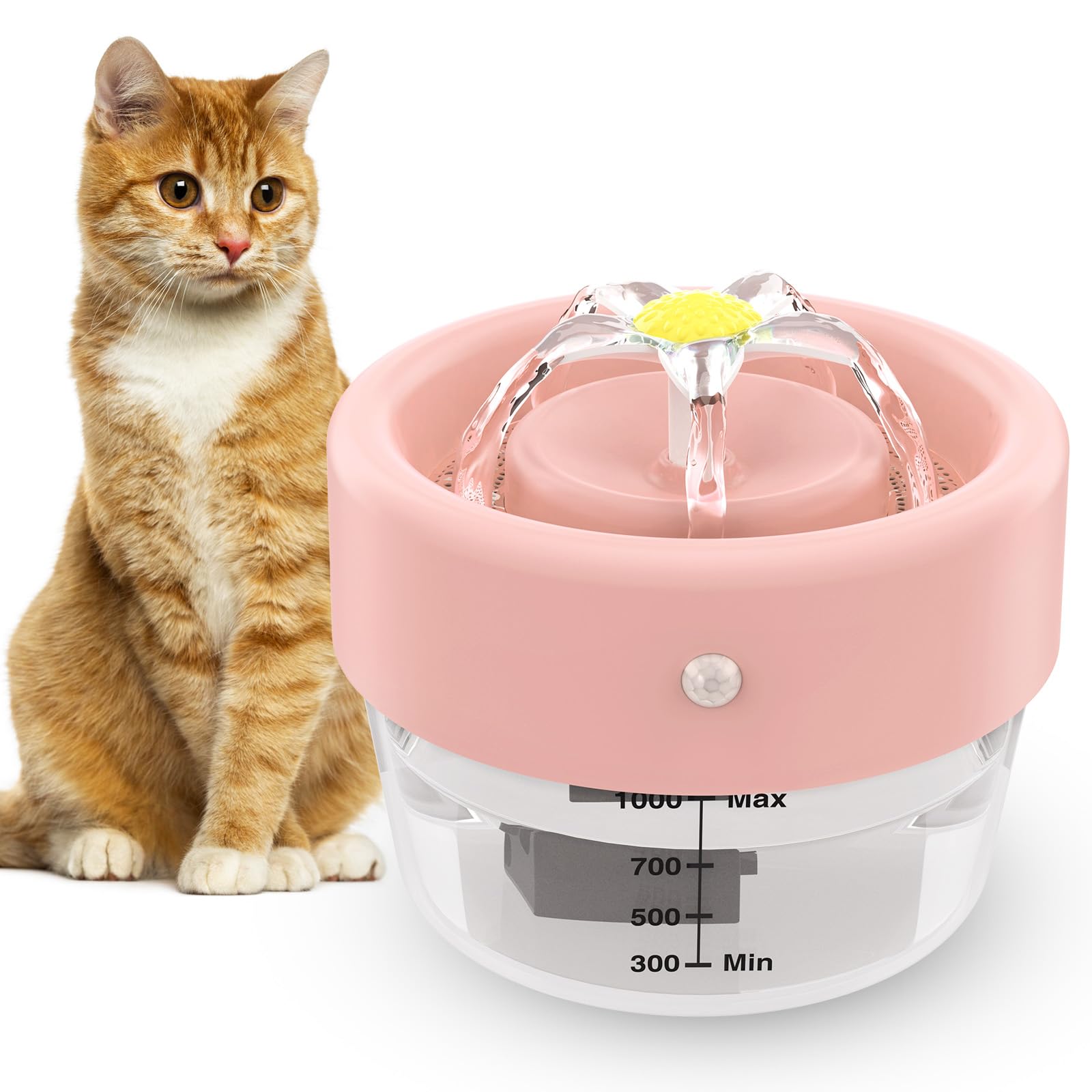 Jewyow Fontana per Gatti Senza Fili, 1 L Fontana per Gatti Automatica Ultra Silenziosa, Fontana per Gatti Alimentata a Batteria da con Rilevatore di Movimento,1000 mAh, 25s, per Gatti e Cani, Rosa