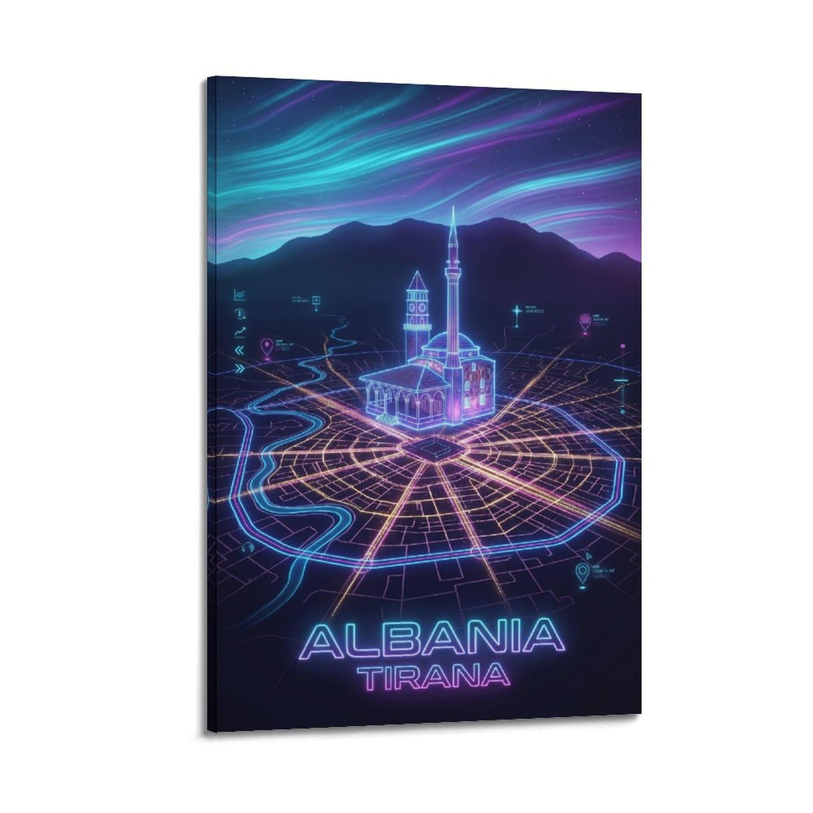 XKUGA Cyber Neon Map Travel Poster Tirana Albania Modern Decorative Canvas Prints - Ideal Wall Art for Family, Man Cave, Game Room, Boys & Girls Bedroom 12x18inch(30x45cm)