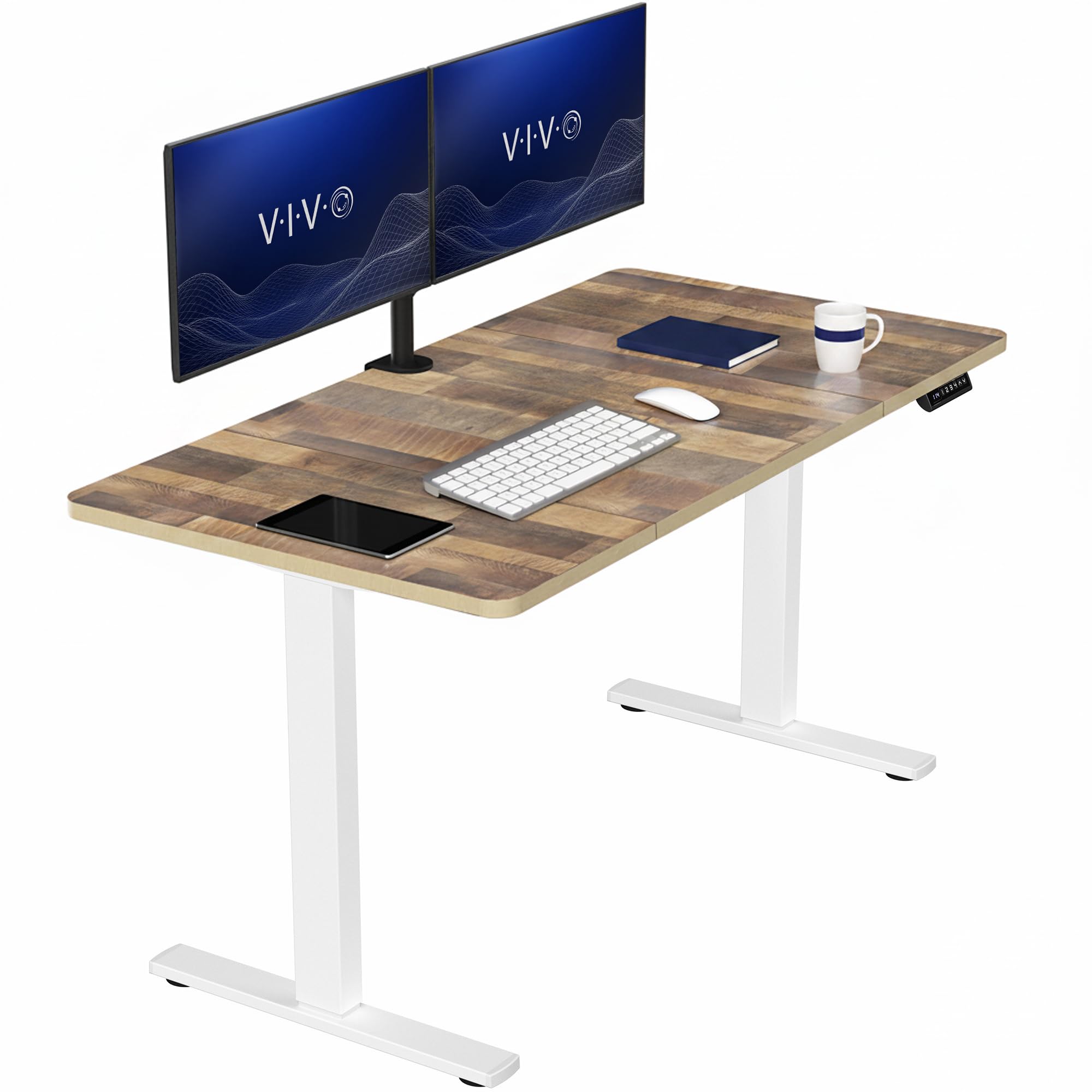 VIVO Reclaimed Wood 60 x 30 in Standing Desk, DESK-KIT-1W6P-30 | Electric, Holds 220 lbs, Sit Stand, Height Adjustable, Extra Deep Table Top, Memory Presets, 1B Series, White Frame