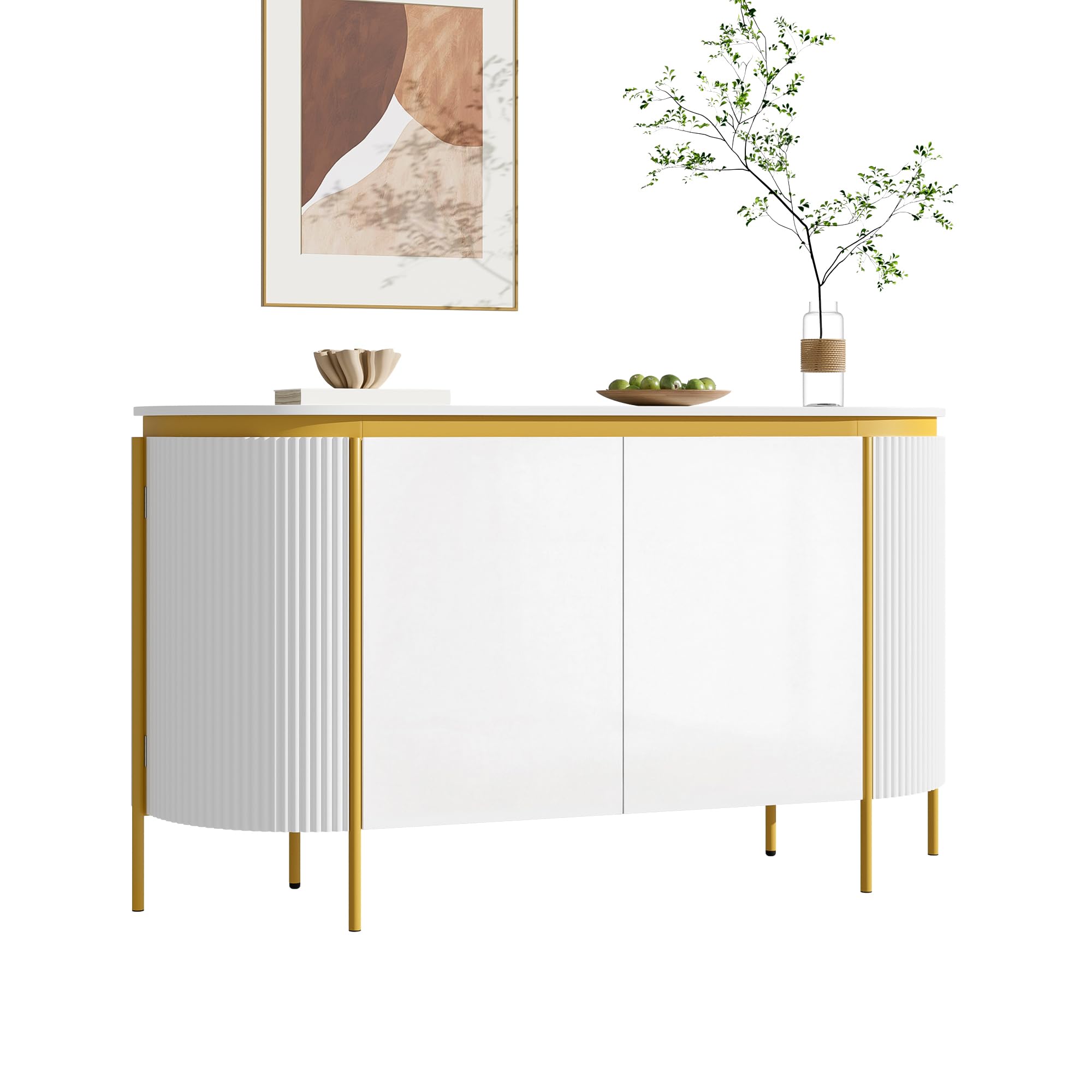 Credenza, piedini in ferro, 4 ante, ovale, con passacavi, 140 x 38 x 80 cm