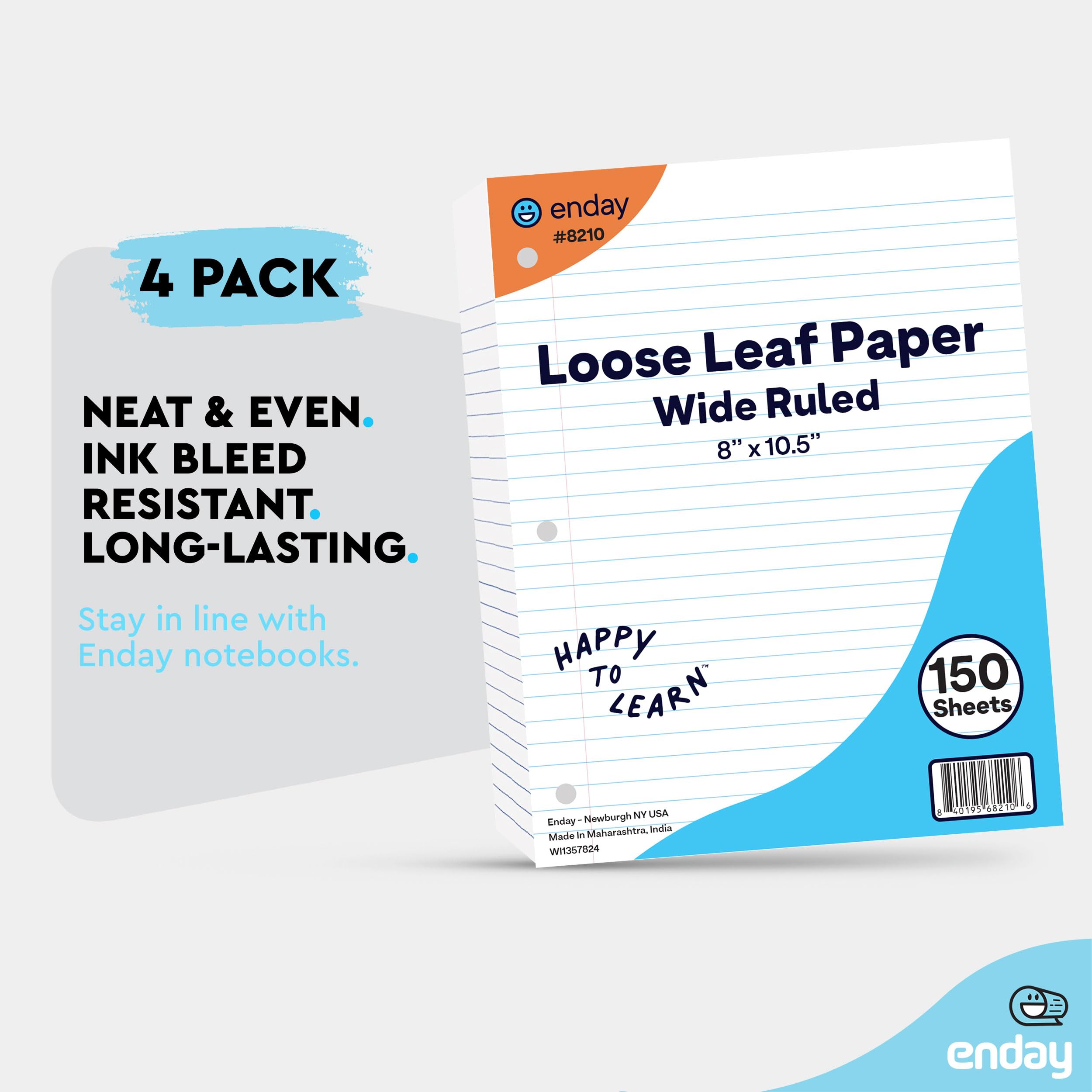 Loseblatt-Papier, breit liniert, 20,3 x 26,7 cm, Füllpapier, weiß, 3-fach gelochtes Ordnerpapier für 3-Ringbinder, liniertes Papier, 150 Blatt pro Packung (4 Stück) Enday