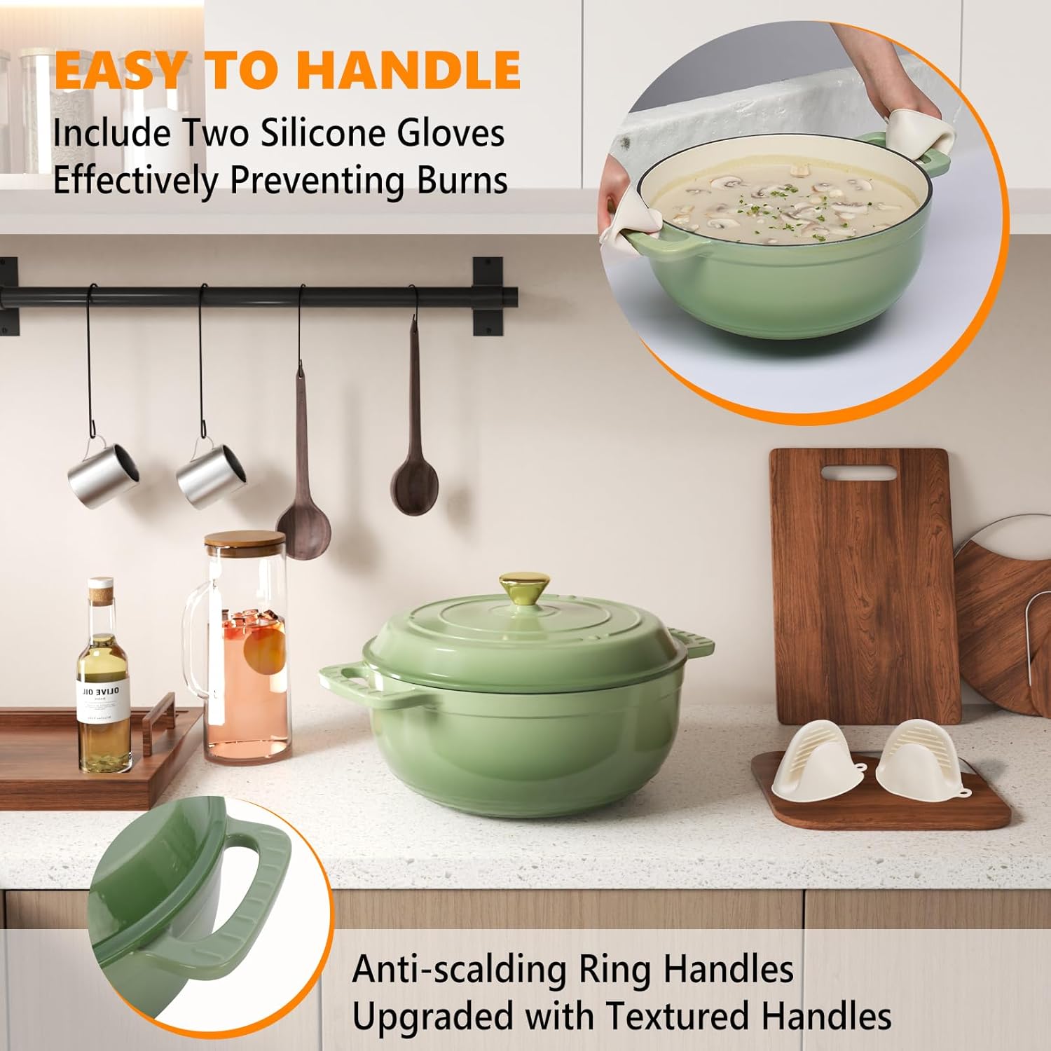 ROVSUN Enameled Cast Iron Round Dutch Oven, 6QT Pot with Lid &Dual Handles with Silicone Gloves,Oven Safe up to 500°F, Heavy-Duty Pre-Seasoned Cookware for Bread Baking, Braising, Stews, Roasting, Sage Green