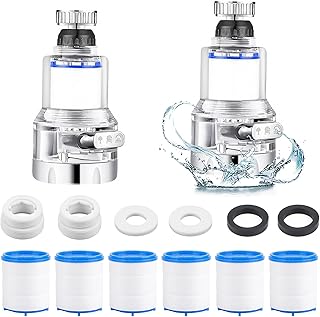 Wasserfilter für Wasserhahn, 2 Stück Wasserhahn Filter, 360° Tap Water Filter mit 3 Sprühfunktion, Wasserfilter mit 6 PP-Baumwollelementen, Wasserhahn Entkalker Aufsatz für Küche Badezimmer