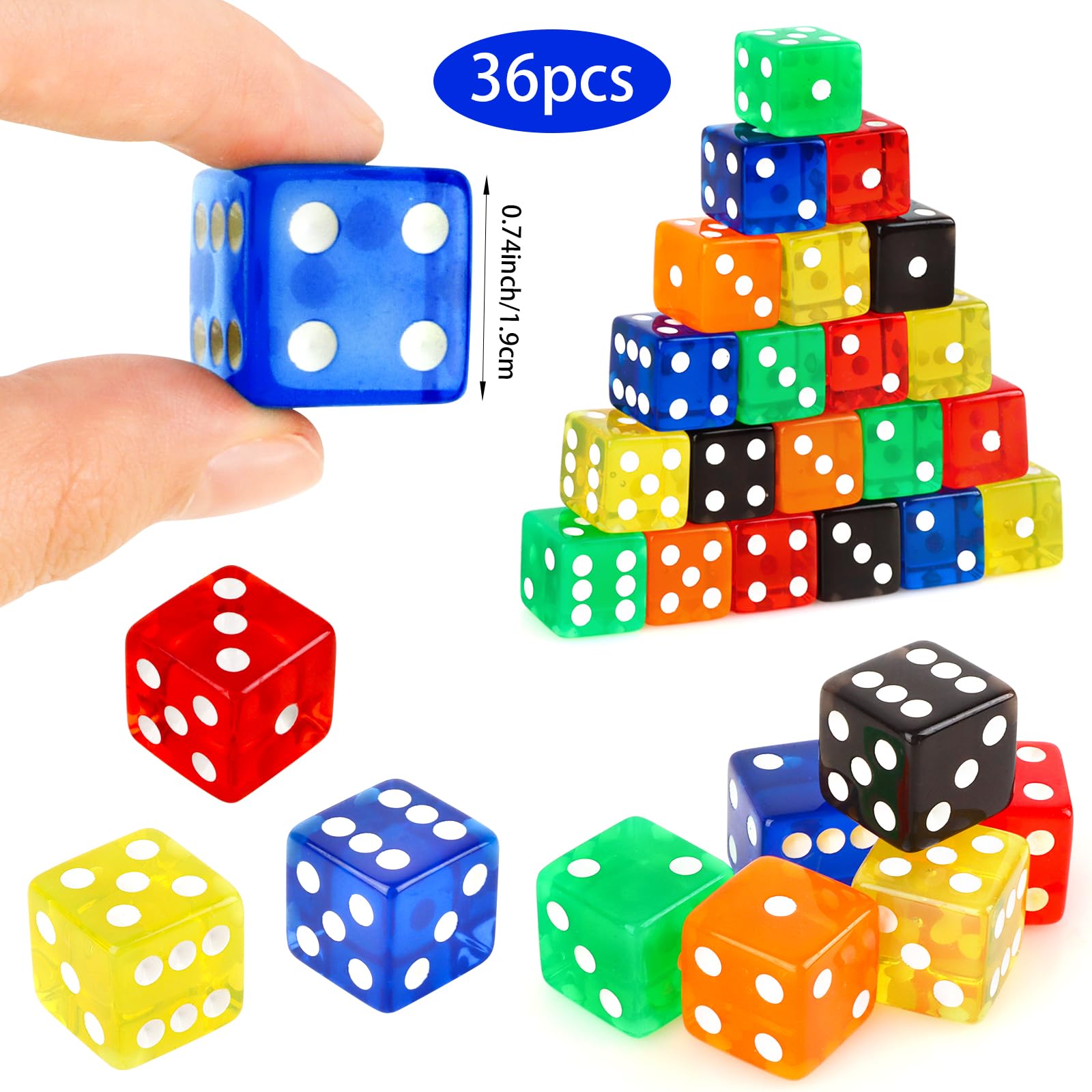 Hooqict Juego de 36 dados de casino de 19 mm, juego de dados grandes de acrílico de 6 caras a granel para casino Vegas, matemáticas, aula, suministros de enseñanza, juegos de mesa (negro, rojo, azul