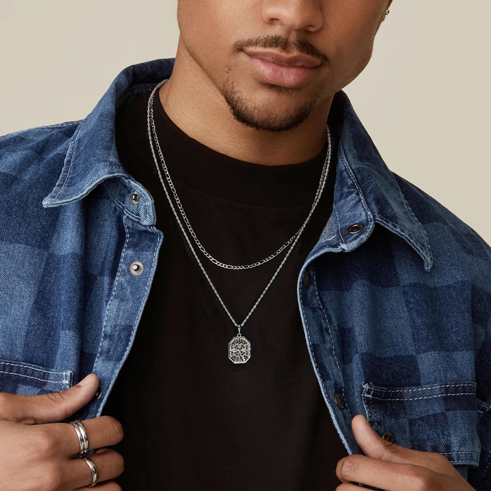 Collar con colgante para hombre, colgante geométrico con incrustaciones de circonita cúbica negra, 50-60 cm
