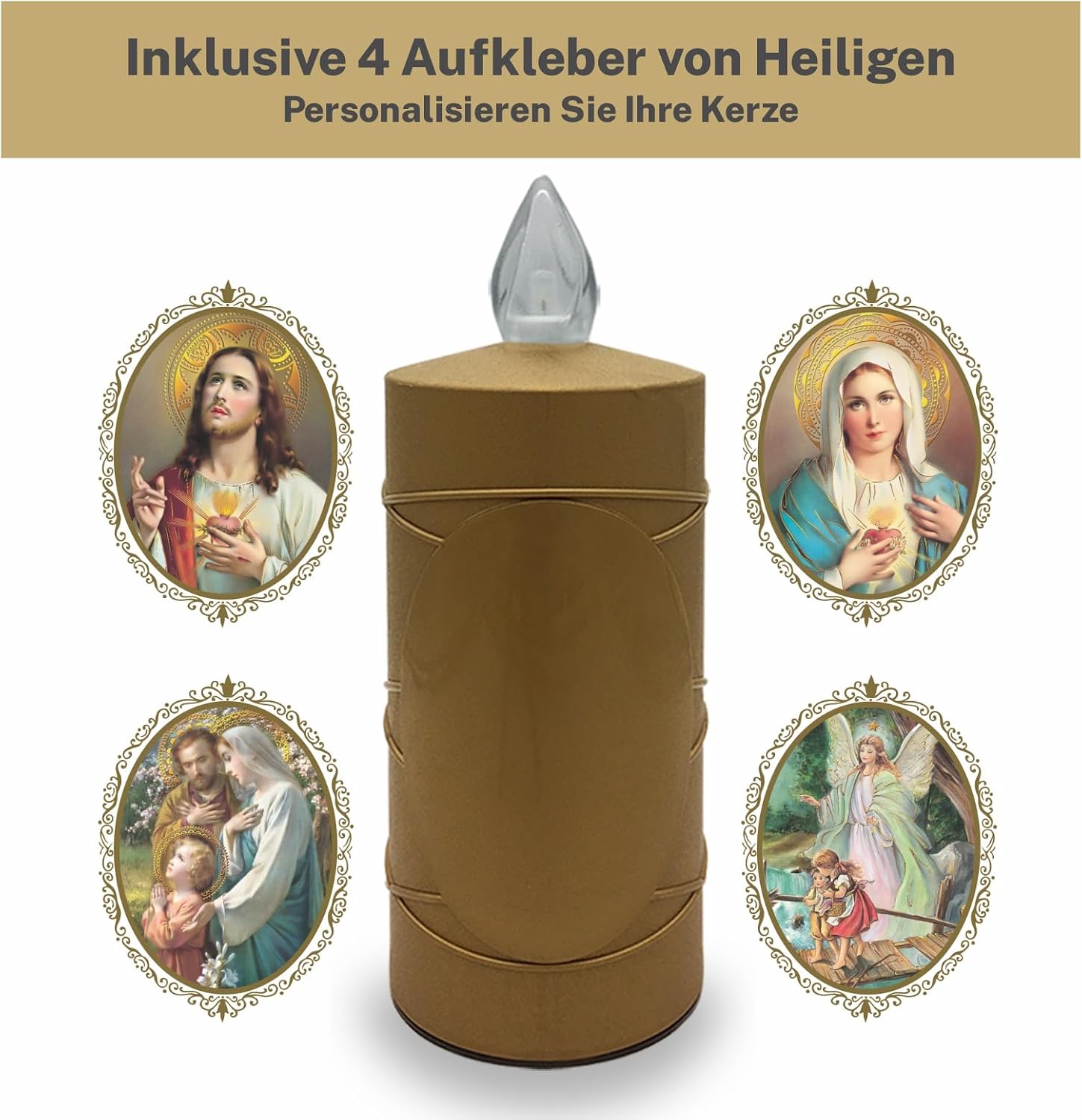 LED Votive Candle Memorial Light – Flickering Effect Like a Real Candle – Long Burning time up to 120 Days – Reusable Cemetery Remembrance Eternal Candle – Gold – Mixed Saints Sticker Set