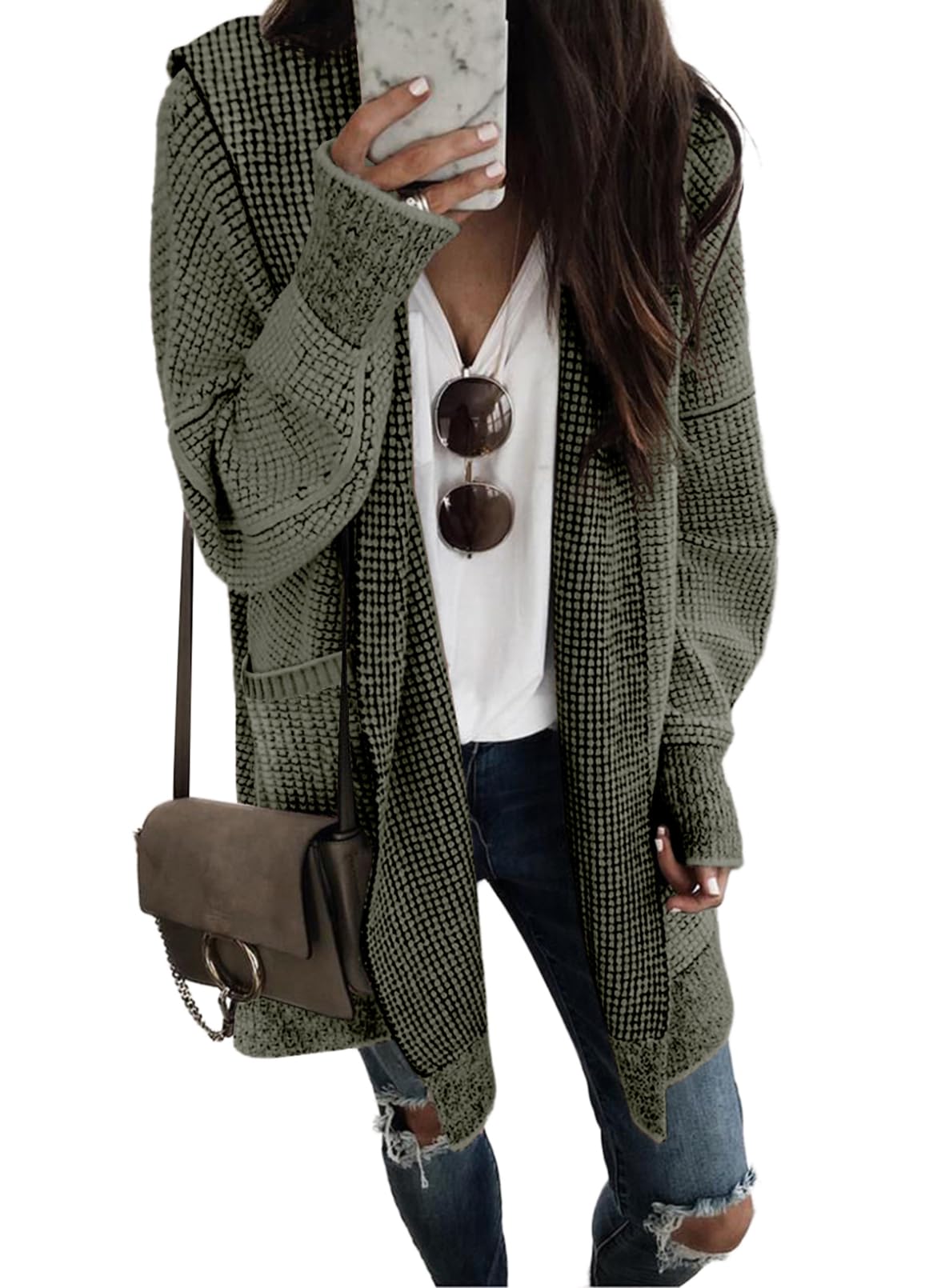 Sidefeel Women's Cardigan Sweaters Hooded Oversized Open Front Chunky Knit Plaid Sweater Coat Fall Fashion Tops