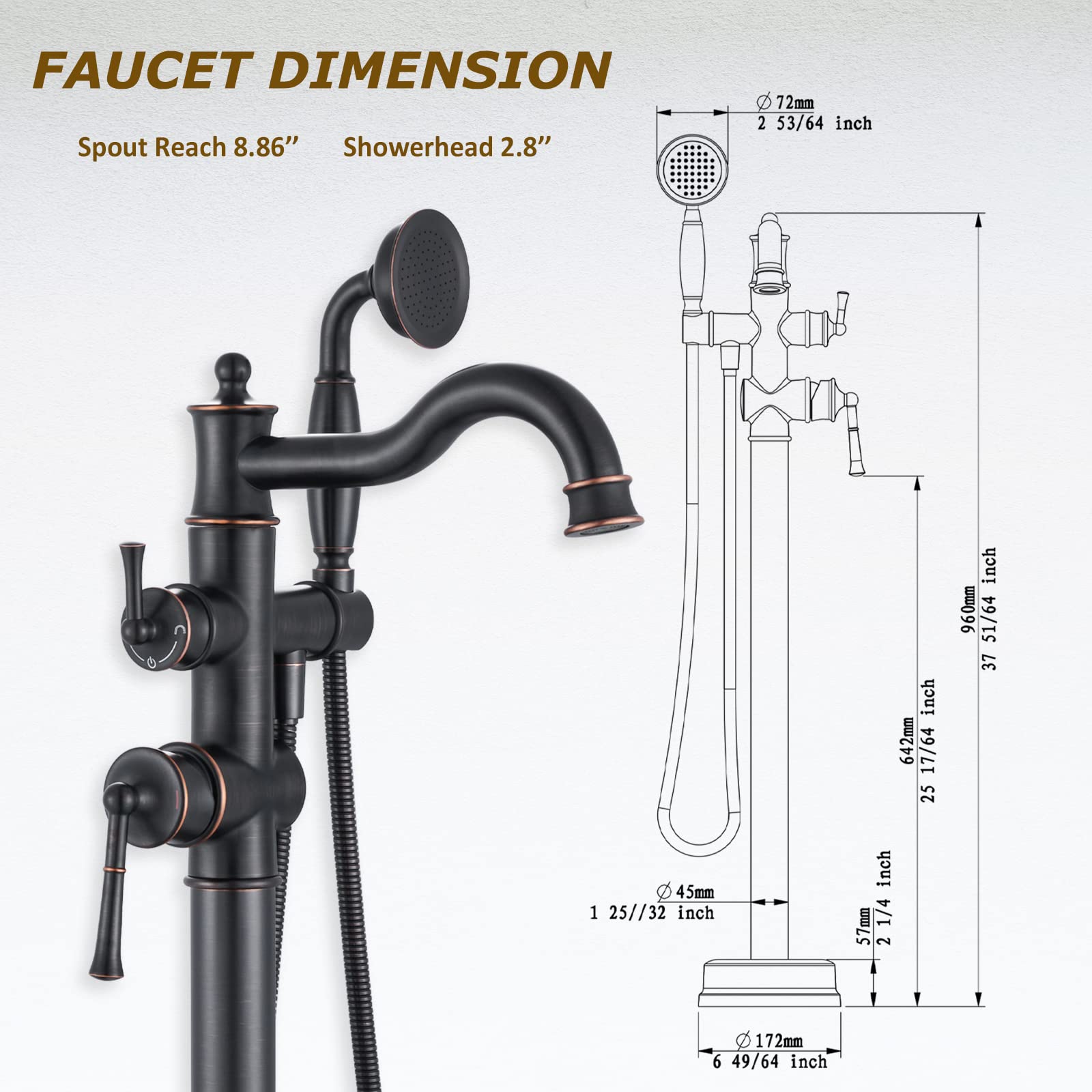 WINKEAR Freestanding Floor Mount Tub Filler with Handheld Shower Roman Bathtub Faucet by ORB Finish, Swivel Spout with Brass Rough-in and Water Hose