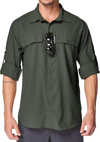 Mens Long Sleeve Hiking Fishing Shirts UPF 50+ Sun Protection Quick Dry Shirts Outdoor Travel Safari Camping