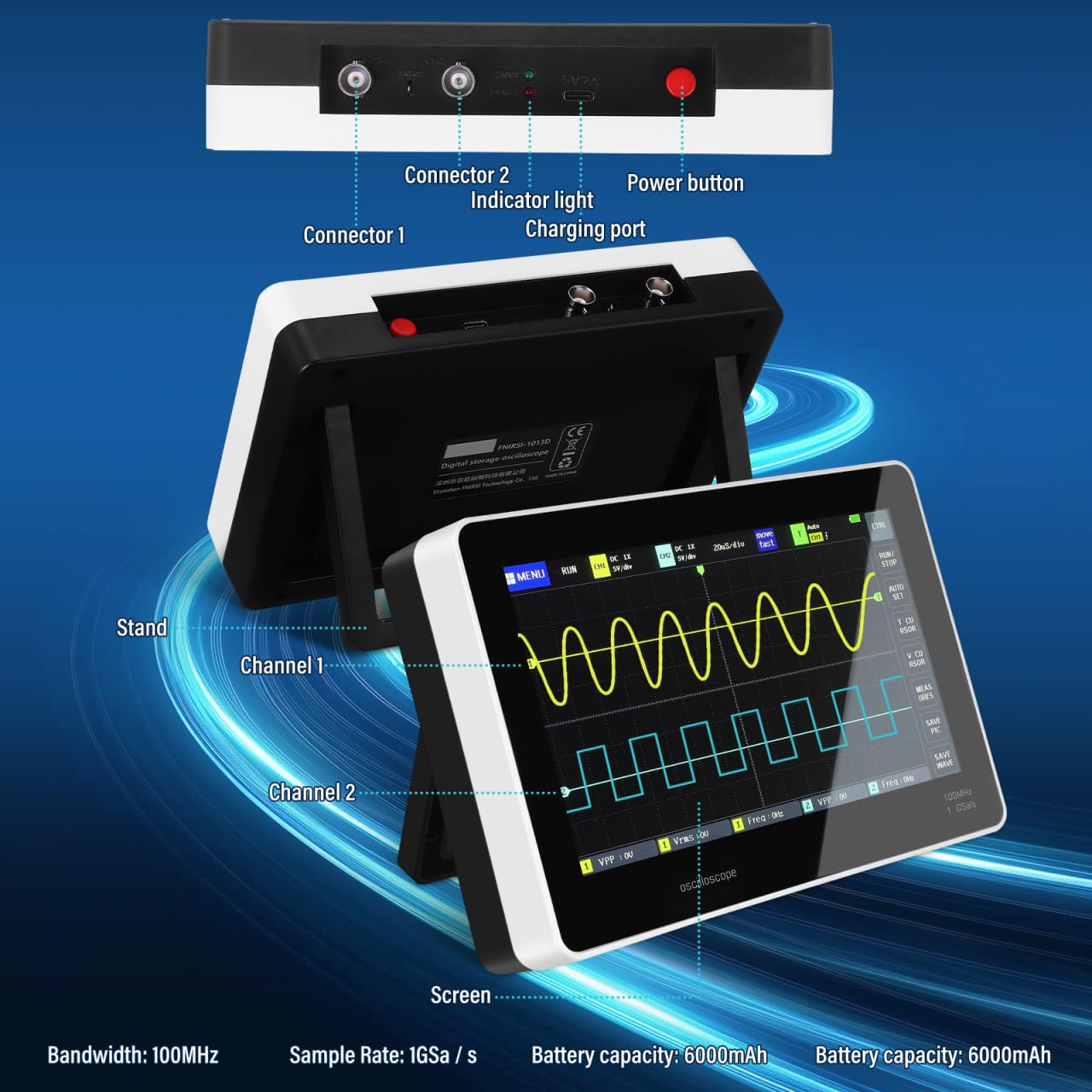 Handheld Digital Oszilloskop 2 Kanal: T4-1013De Digitales Oszilloskop 100 Mhz Bandbreite 1Gsa Abtastrate 7 Großer Touchscreen 1 Gb Speicher