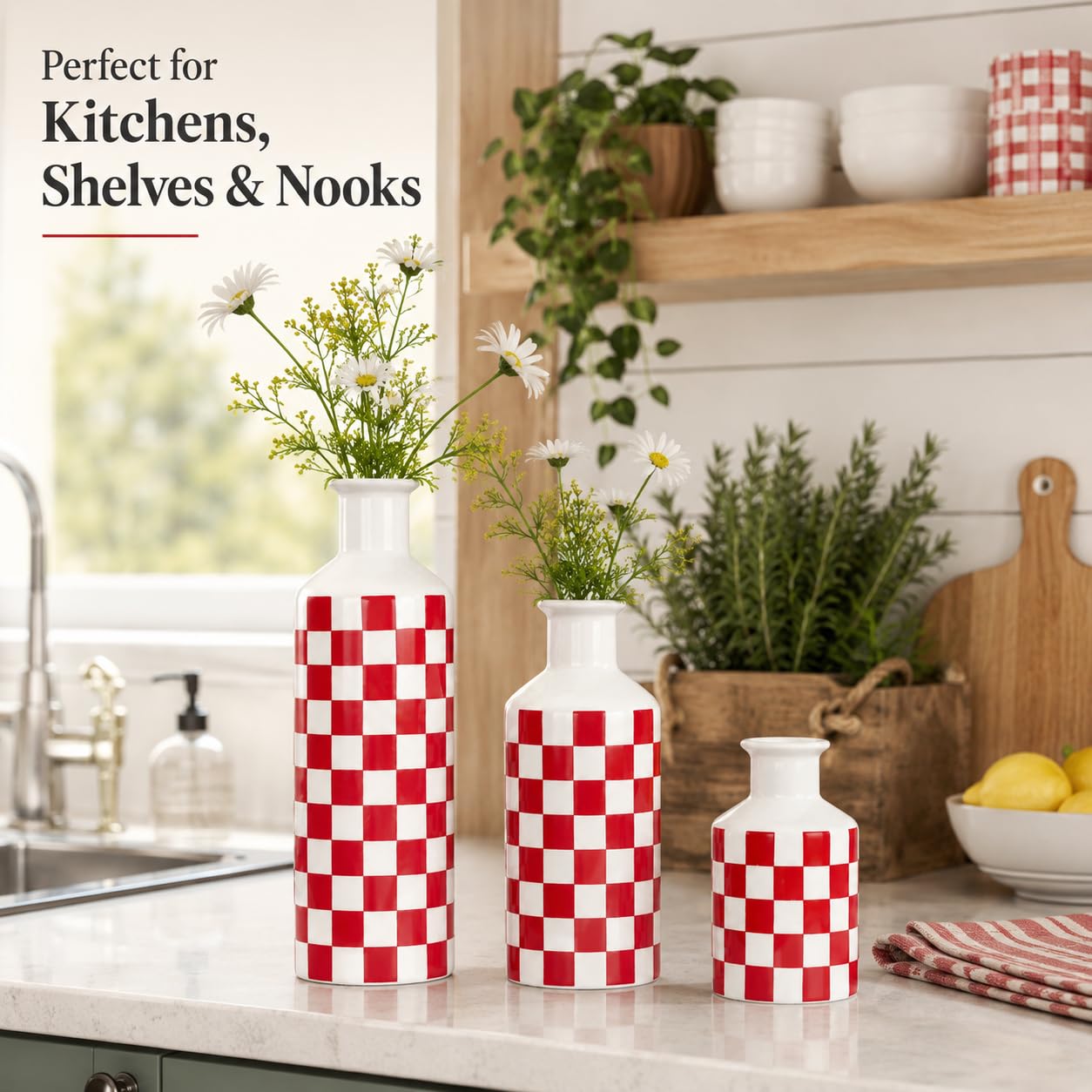 Keramik-Vasen-Set im Schachbrettmuster, 3-teilig, schwarz-weiße Porzellanvasen in verschiedenen Höhen, Moderne, minimalistische Wohndekoration für Wohnzimmer, Regal und Tisch (Rot)