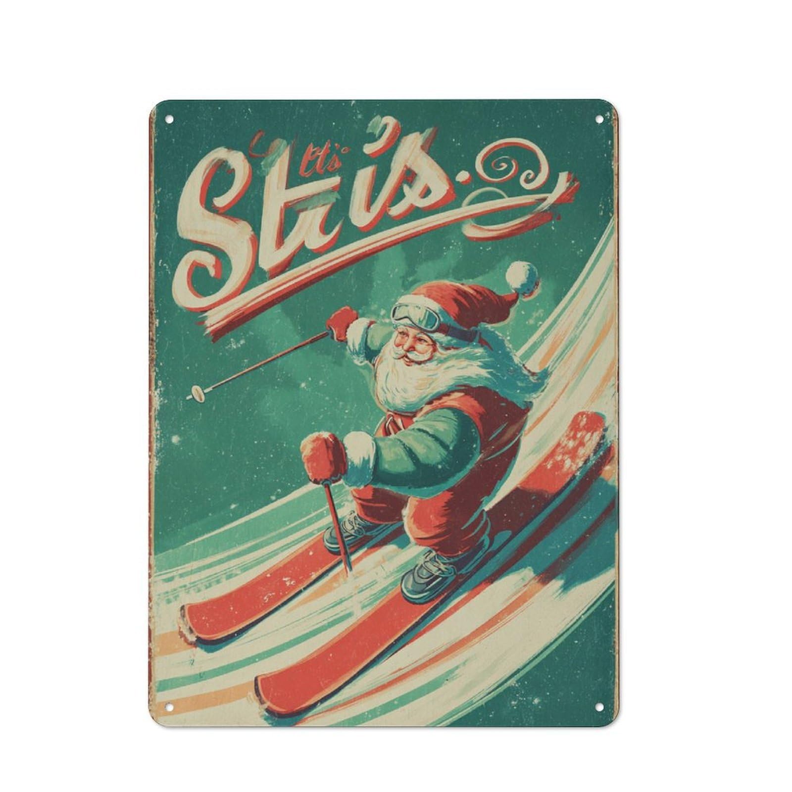 Decorative Metal Plaque with Santa's Ski Ride Design 40x30cm, Modern Retro Studio Wall Art for Workspace, Cafe, Hallway Or Garage