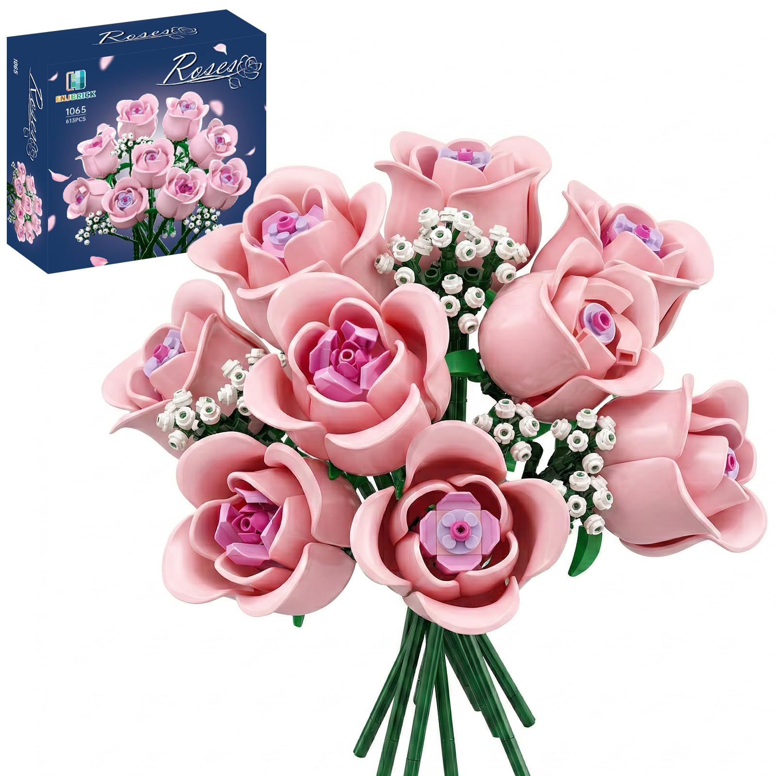 Rosa Rosen Blumenstrauß Klemmbausteine mit Schleierkraut, Künstliche Blumen Botanische Kollektion, Geschenk für Frauen zum Muttertag, Ästhetische Raumdeko