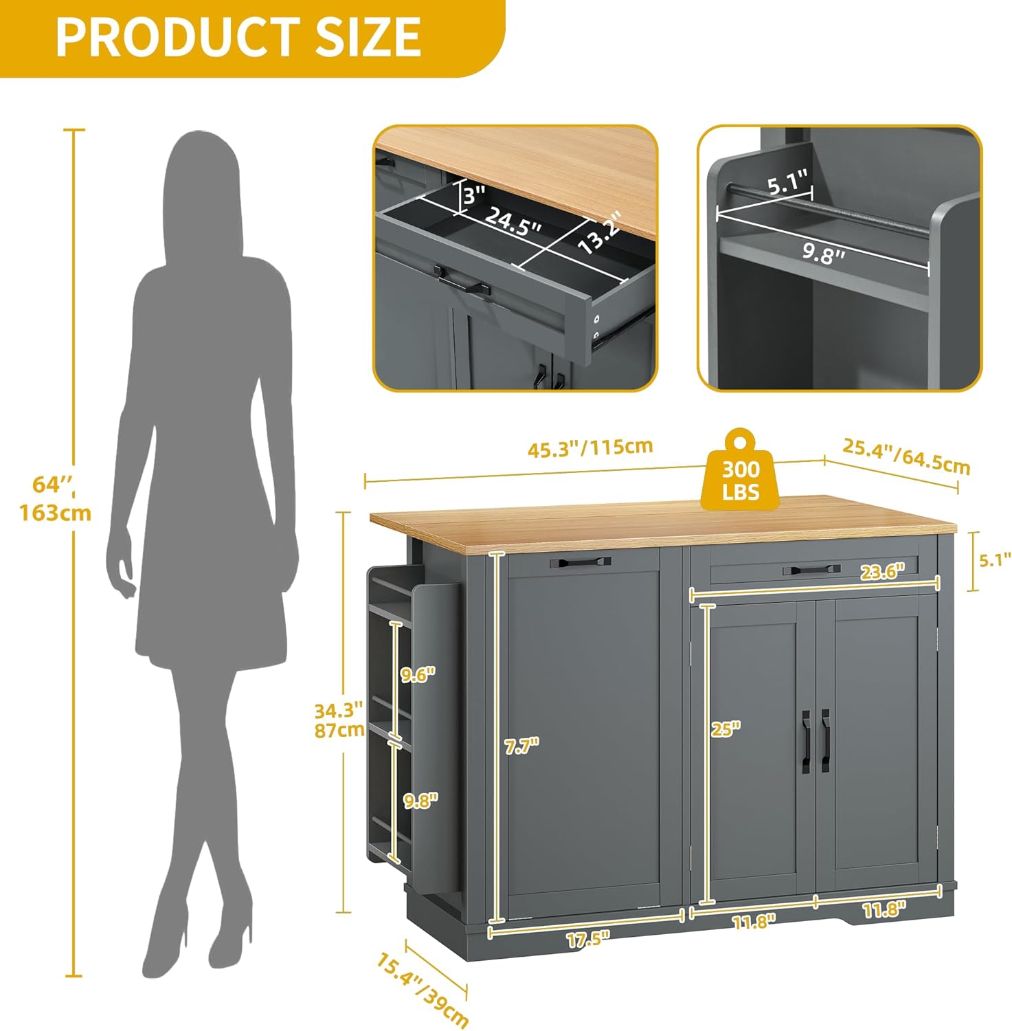 Diagram showing the dimensions of the DWVO Kitchen Island, including height, width, and depth, with detailed measurements for various compartments and the drop leaf.