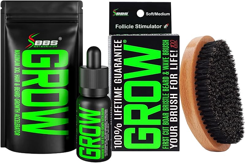 Kit de crecimiento de barba con aceite/suero para barba GROW XXL para el crecimiento del vello facial para hombres + cepillo de cerdas de jabalí de primer corte de repuesto 100 % de por vida y cepillo de 360 ​​ondas para hombres, formulado en Estados Unidos