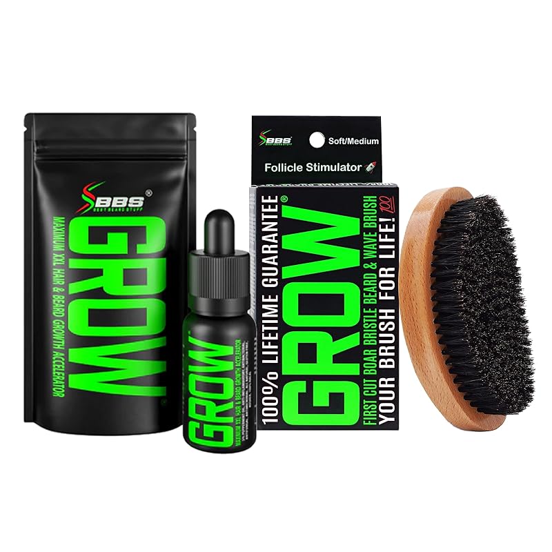 Kit para Barba BBS BEST BEARD STUFF com óleo GROW XXL e escovas de cerdas de javali e para ondas