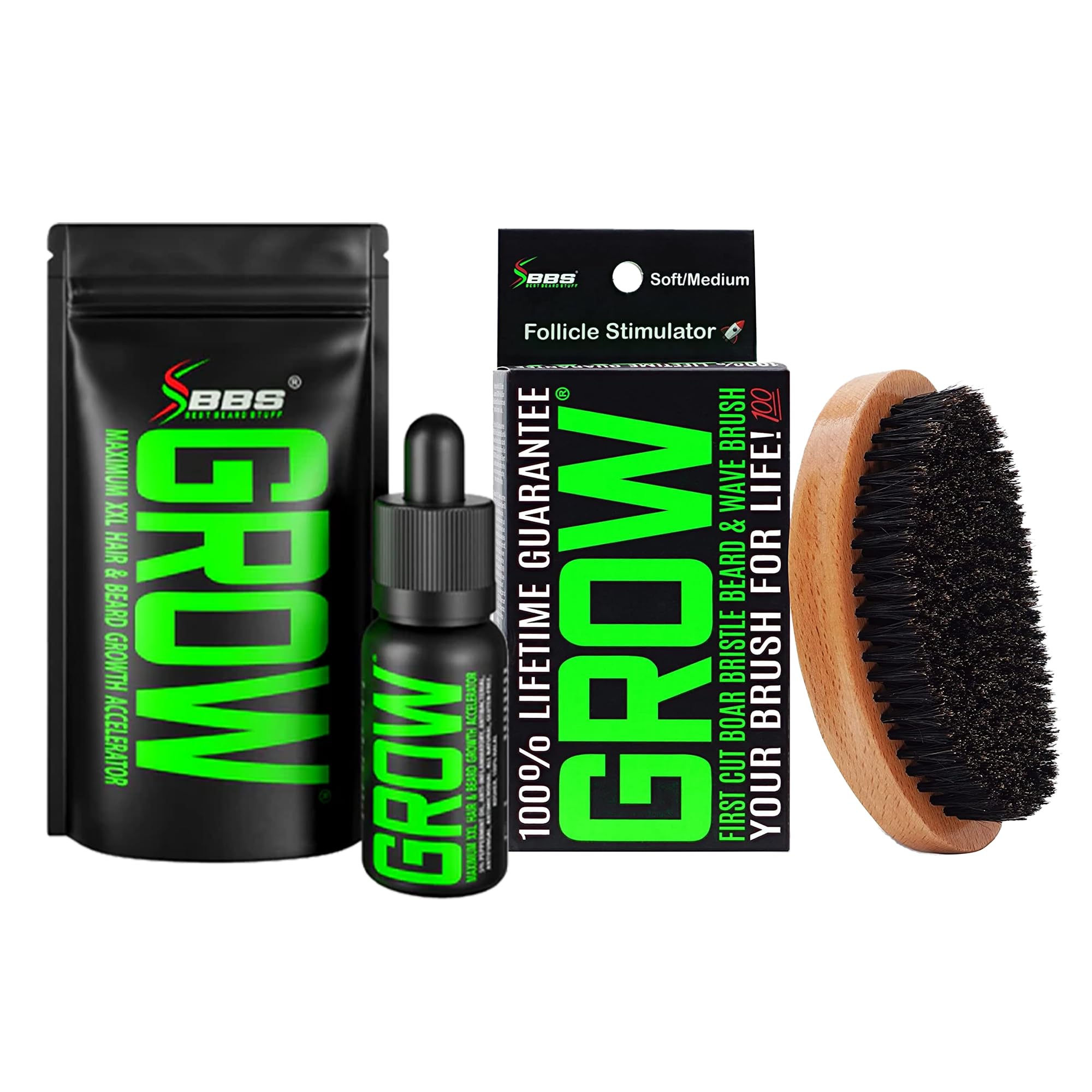 Beard Growth Kit w/GROW XXL Beard Oil/Serum for Facial Hair Growth for Men + 100% Lifetime Replacement First Cut Boar Bristle Brush & 360 Wave Brush for Men - Formulated in America