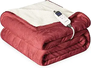 Heat Blanket 50”x60” Throw,Soft Flannel & Sherpa Reversible Electric Blanket with 10 Heat Settings,12 Timer Setting and 3 Hours Auto-Shut Off,ETL Certified Machine Washable,Red