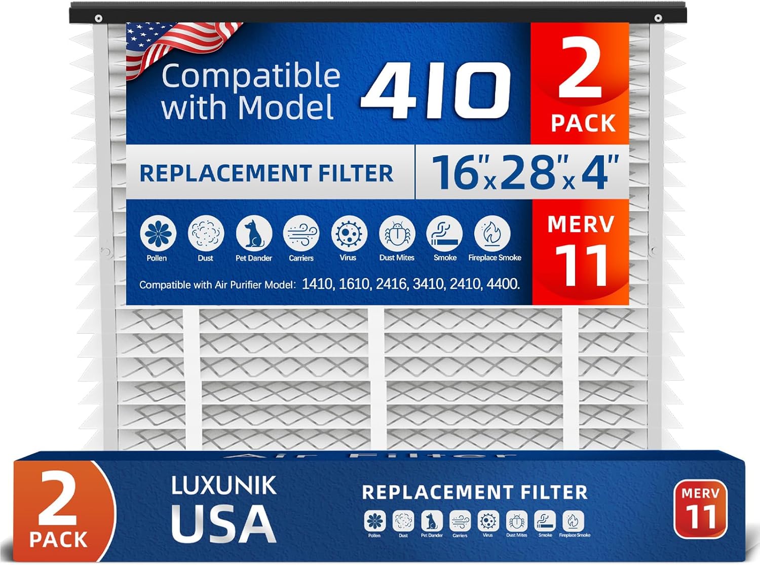 2 Pack, 410 Replacement Air Filter, Nominal Size: 16x25x4, Actual Size: 16.04"x27.91"x3.91" HVAC Furnace Filter, Compatible with AprilAire Models 1410, 1610, 2410, 2416, 3410, 4400, MERV 11
