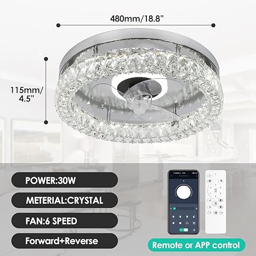 Miniatura 5 de CLAIRDAI Ventiladores de techo de cristal con luces, ventilador de techo empotrado con control remoto, lámpara regulable, lámpara LED moderna de