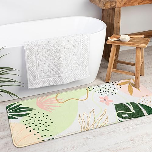 Uphome Alfombra de baño abstracta con diseño bohemio, color verde pálido, antideslizante, larga, moderna, suave, lavable a máquina, bonita alfombra