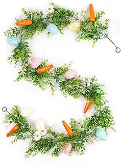 6FT Easter Lights Garland, Artificial Colored Eggs Spring Floral Vine Ornaments with Carrot Flower Easter Decorations Wreath for Holiday Party Home Tables Fireplace Indoor Outdoor Decor