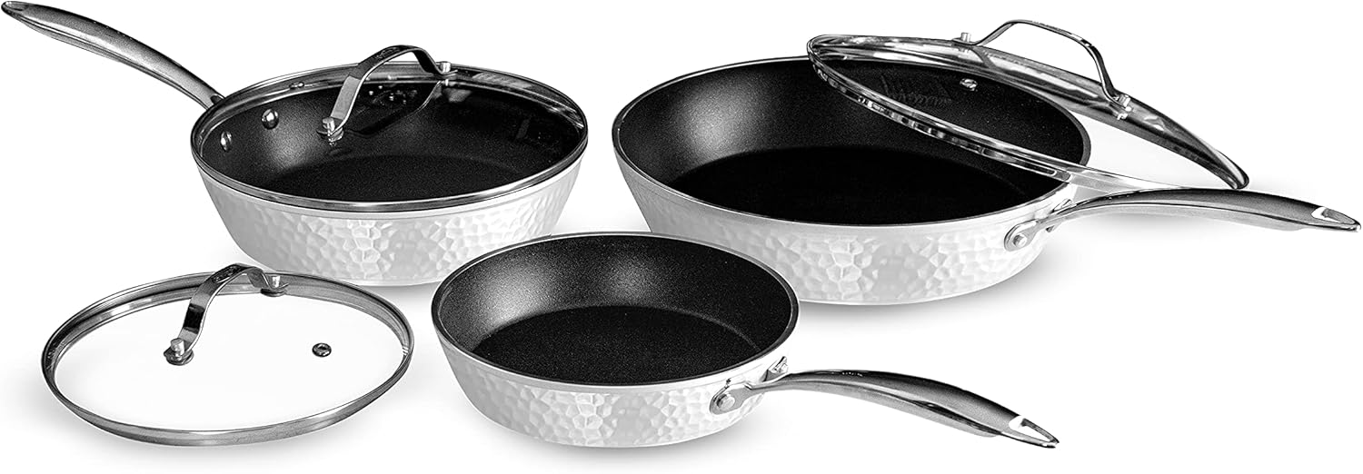 Luxurious Non-Stick Ceramic 3 Piece White Hammered Cookware Set with Lid, Lightweight, Scratch-Resistant, Dishwasher Safe, Oven Safe up to 500°F, Suitable for All Stove Types 6 Piece Set with Lids