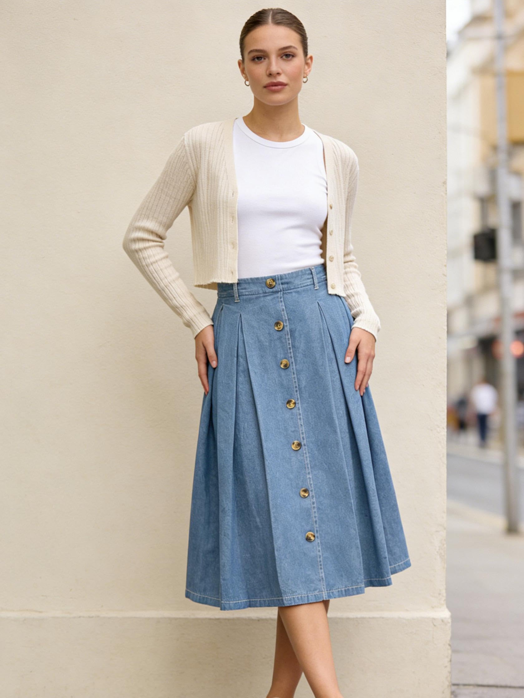 Alaster Queen Langer Faltenrock für Damen, Midi, hohe elastische Taille, fließende Taschen, Rock für Damen