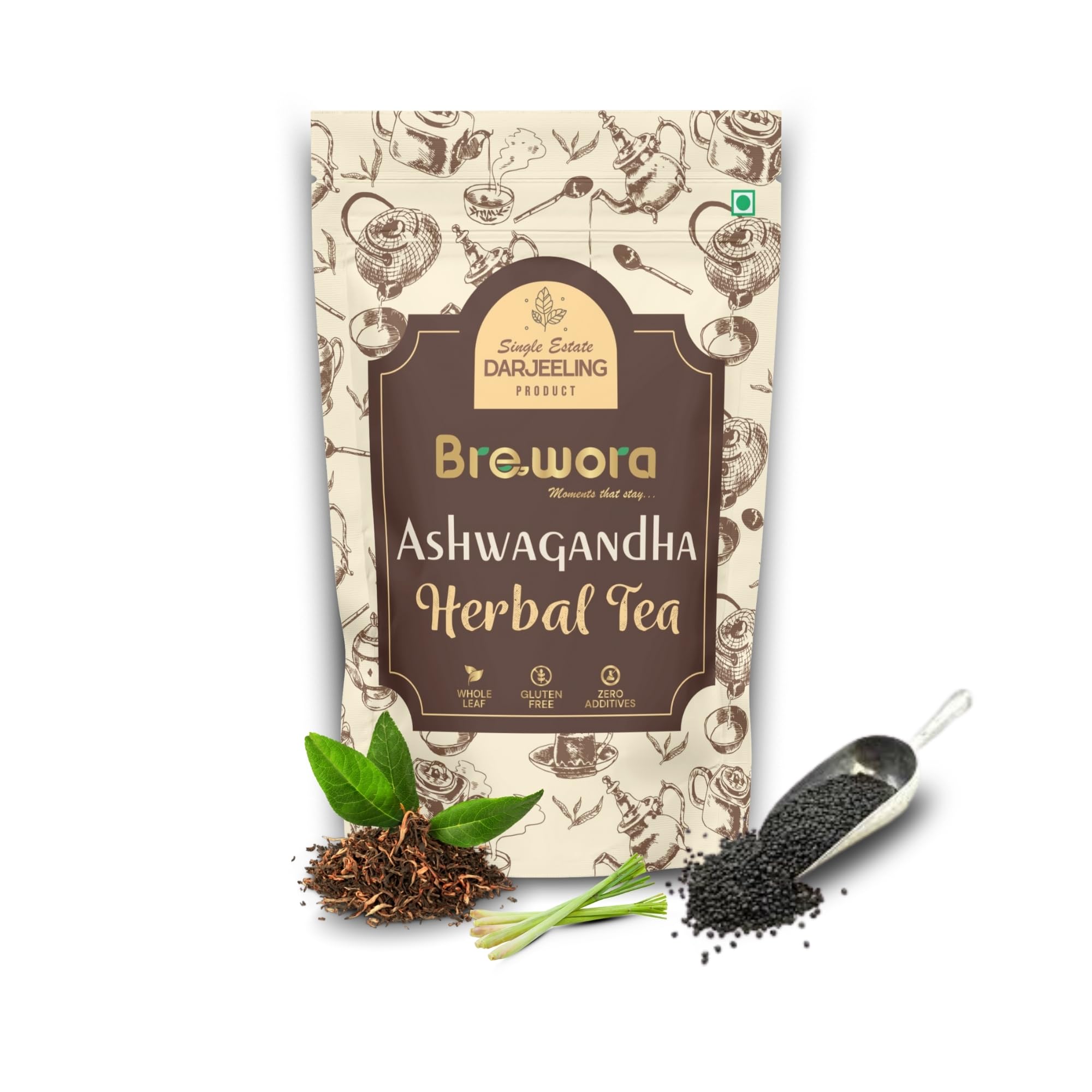 Brewora Ashwagandha Tea | Adaptogenic Blend for Stress Relief & Sleep Support | Loose Leaf | No Tea Bags | Natural Ingredients | Resealable Pouch. (100 gm)